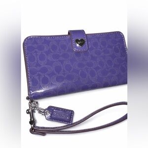 Coach Purple Patent Wallet Phone Holder with Heart Snap